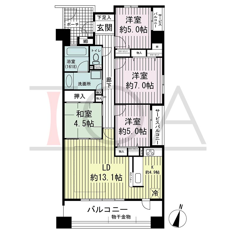 ブリッジコート六甲の間取り図 南向き角 4LDK 専有面積88.60m2
バルコニー面積13.68m2
サービスバルコニー面積4.81m2
専用ポーチ面積5.36m2