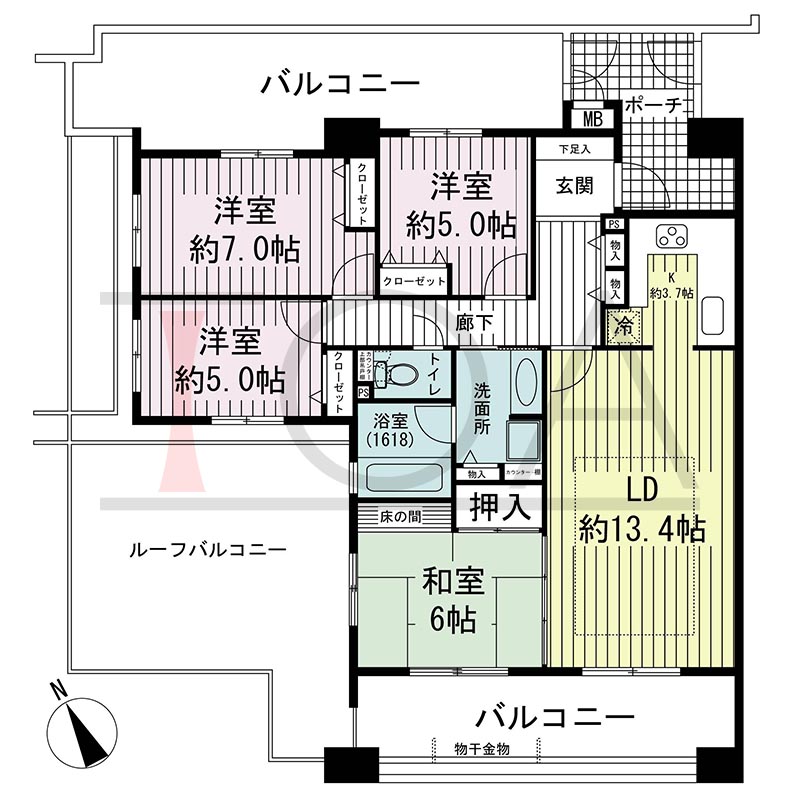 ブリッジコート六甲の間取り図 南向き角 4LDK 専有面積89.42m2
バルコニー面積32.60m2
ルーフバルコニー面積33.82m2
専用ポーチ面積7.36m2