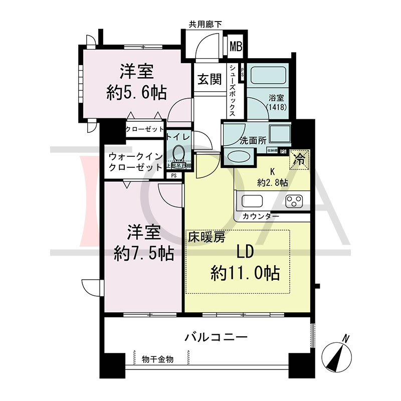 セレッソコート神戸花隈公園の間取り図 南向き 2LDK 専有面積60.89m2
バルコニー面積12.25m2