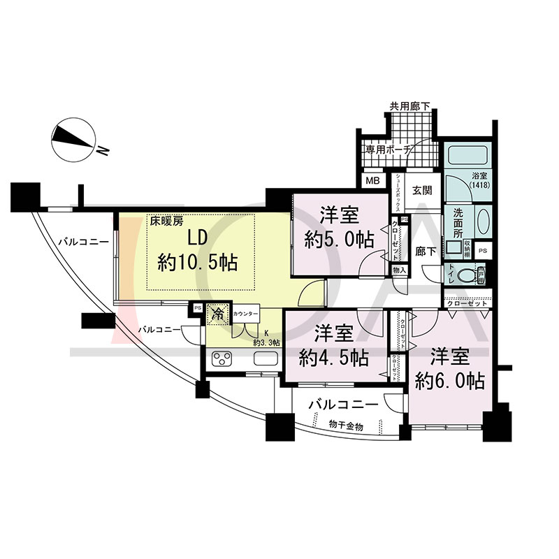 セレッソコート神戸花隈公園の間取り図 東向き 3LDK 専有面積67.32m2
バルコニー面積18.05m2
専用ポーチ面積3.42m2