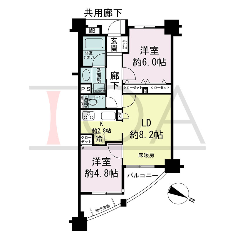 セレッソコート神戸花隈公園の間取り図 北東向き 2LDK 専有面積50.16m2
バルコニー面積6.72m2
