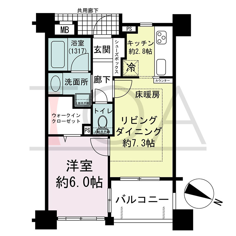 セレッソコート神戸花隈公園の間取り図 東向き 1LDK 専有面積40.06m2
バルコニー面積4.81m2