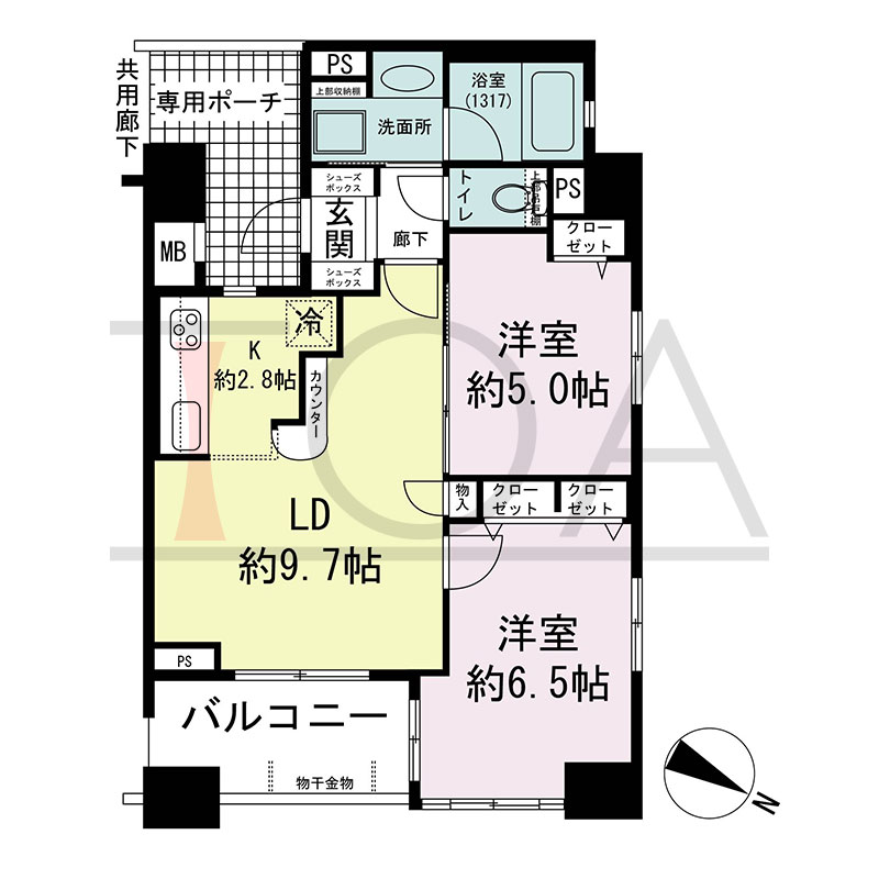 セレッソコート神戸花隈公園の間取り図 東向き 2LDK 専有面積53.00m2
バルコニー面積6.03m2
専用ポーチ面積5.51m2