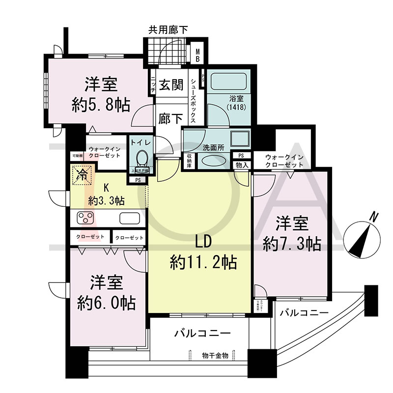 セレッソコート神戸花隈公園の間取り図 東向き 3LDK 専有面積75.48m2
バルコニー面積11.12m2