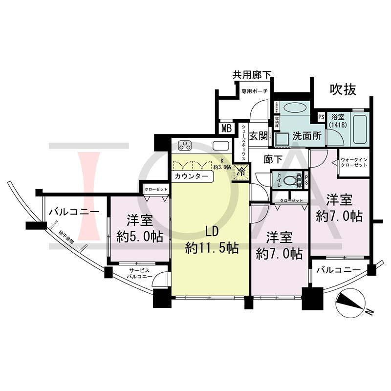 セレッソコート神戸花隈公園の間取り図 北東向き 3LDK 専有面積76.16m2
バルコニー面積10.80m2
サービスバルコニー面積2.85m2
専用ポーチ面積3.42m2