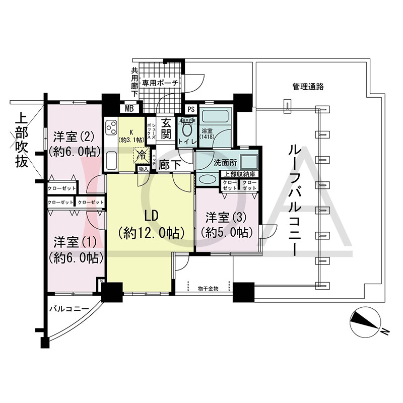 セレッソコート神戸花隈公園の間取り図 北西向き 3LDK 専有面積70.21m2
バルコニー面積3.43m2
ルーフバルコニー面積28.26m2
専用ポーチ面積4.37m2