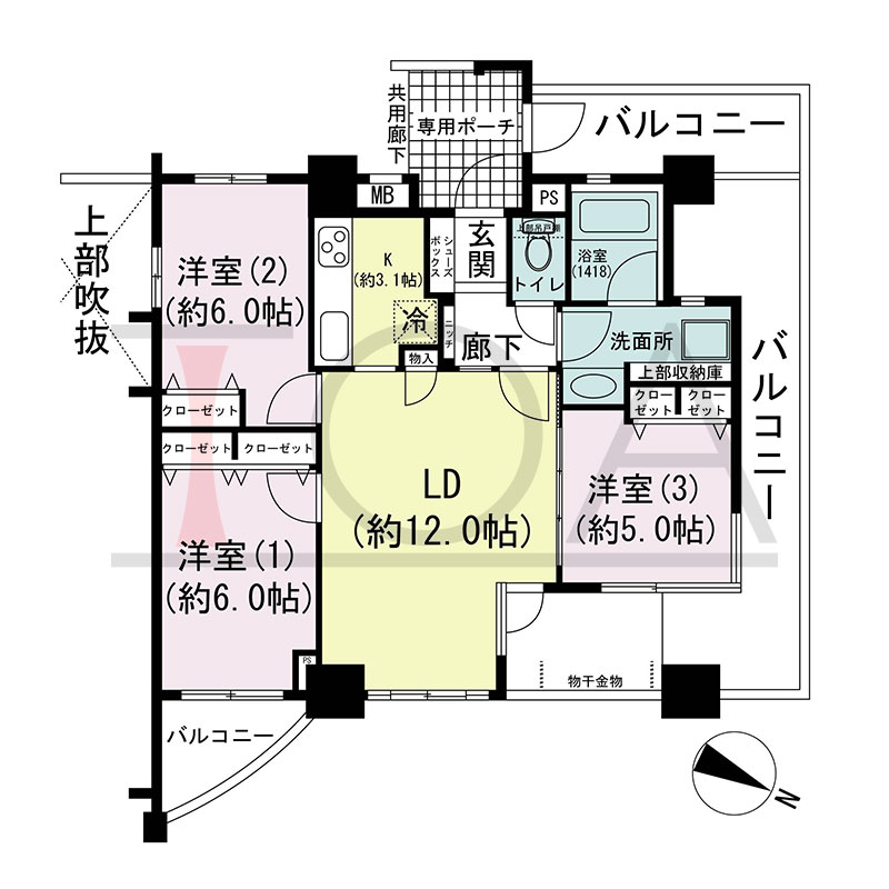 セレッソコート神戸花隈公園の間取り図 北向き 3LDK 専有面積70.21m2
バルコニー面積26.16m2
専用ポーチ面積4.37m2