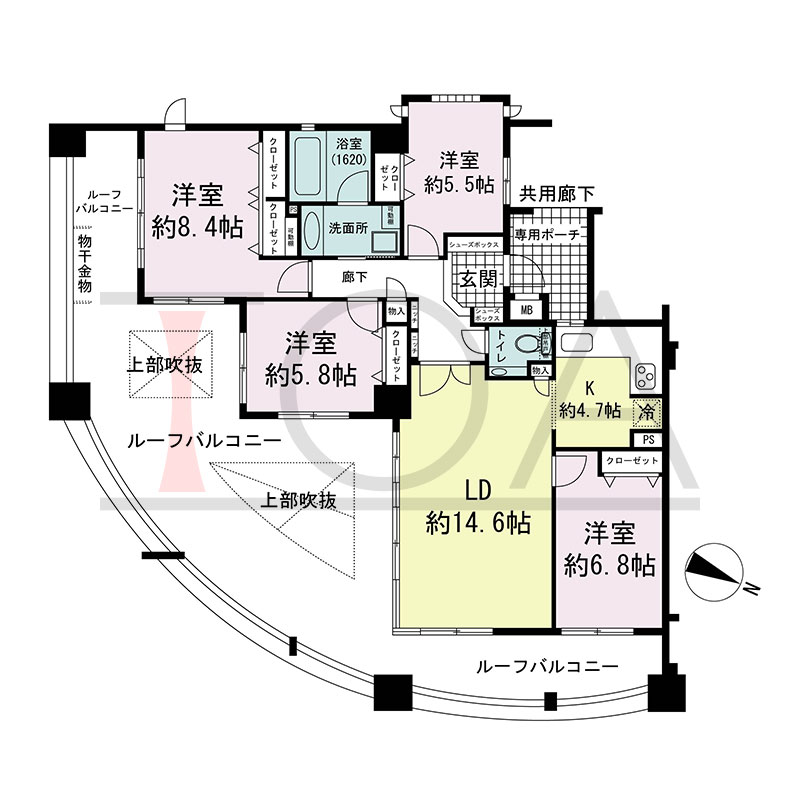 セレッソコート神戸花隈公園の間取り図 東向き 4LDK 専有面積100.09m2
ルーフバルコニー面積63.18m2
専用ポーチ面積4.66m2