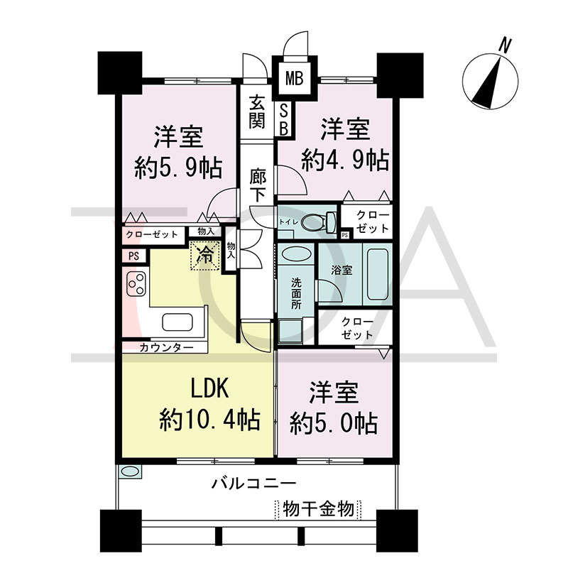 ローレル三宮ノースアベニューの間取り図 南向き 3LDK 専有面積61.67m2
バルコニー面積13.26m2
テラス面積53.30m2(テラスタイプのみ)
アルコーブ面積2.12m2