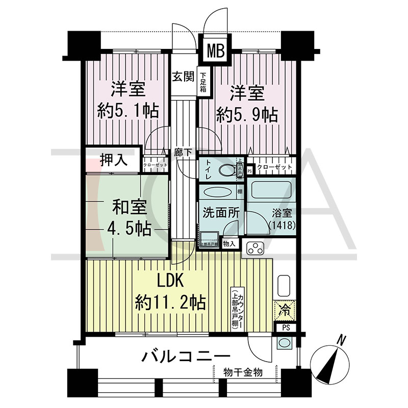ローレル三宮ノースアベニューの間取り図 南向き 3LDK 専有面積61.67m2
バルコニー面積13.26m2
テラス面積51.00m2(テラスタイプのみ)
アルコーブ面積2.04m2