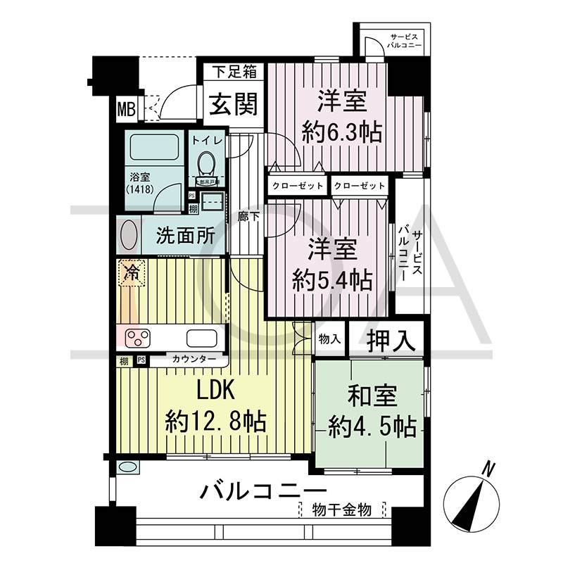ローレル三宮ノースアベニューの間取り図 南向き 3LDK 専有面積66.07m2
バルコニー面積17.86m2
アルコーブ面積2.63m2