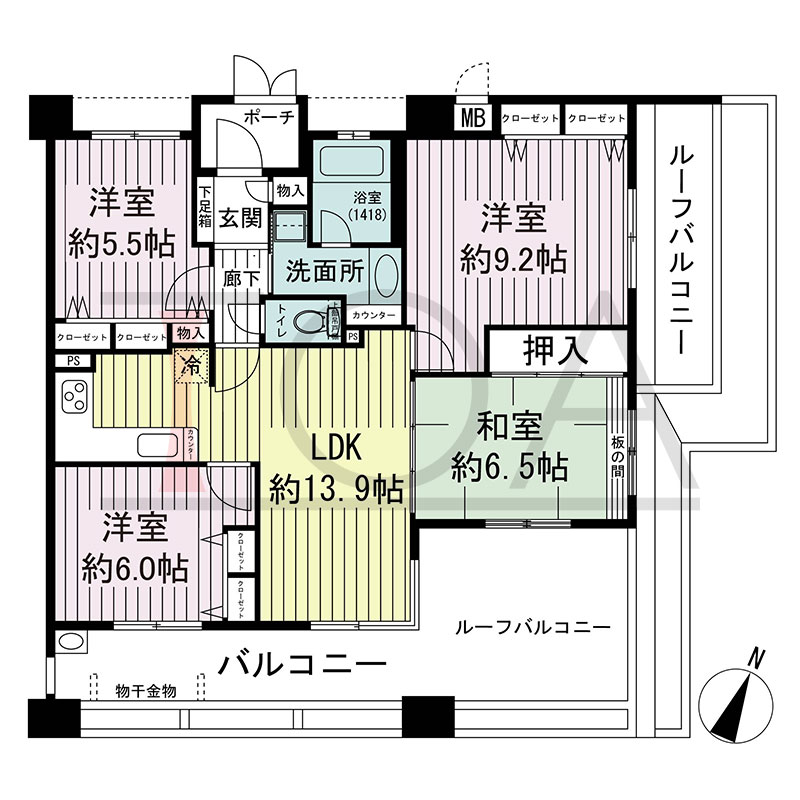 ローレル三宮ノースアベニューの間取り図 南向き 4LDK 専有面積87.88m2
バルコニー面積23.85m2
ルーフバルコニー面積12.00m2
専用ポーチ面積2.50m2