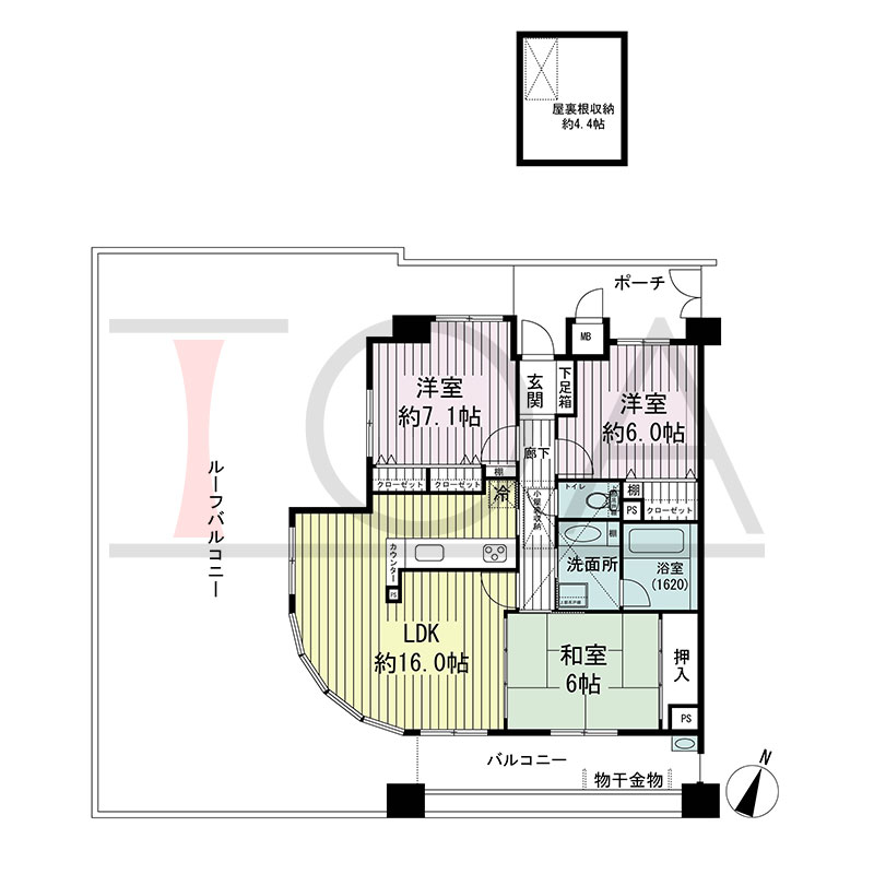 ローレル三宮ノースアベニューの間取り図 西向き 3LDK 専有面積80.28m2
バルコニー面積36.50m2
ルーフバルコニー面積61.33m2
専用ポーチ面積9.08m2
屋根裏収納面積7.20m2