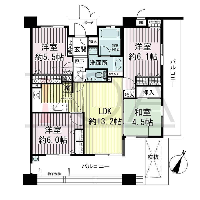 ローレル三宮ノースアベニューの間取り図 南向き 4LDK 専有面積78.32m2
バルコニー面積28.82m2
専用ポーチ面積2.50m2
ロフト面積6.30m2