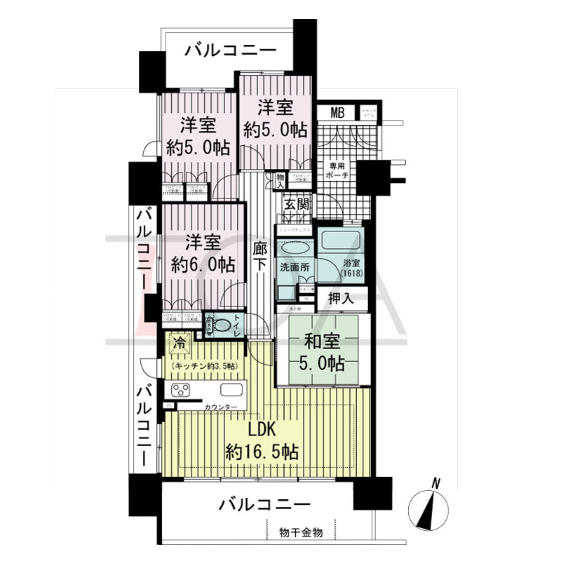 ランズ王子公園の間取り図 南向き角 4LDK 専有面積80.92m2
バルコニー面積30.27m2
ポーチ面積6.75m2