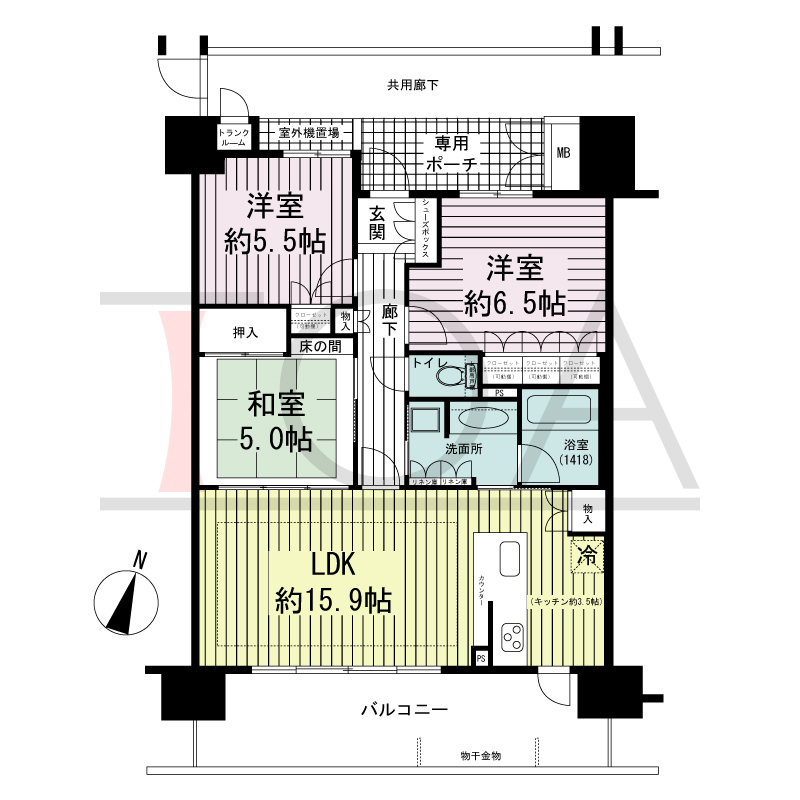 ランズ王子公園の間取り図 南向き 3LDK 専有面積72.33m2
バルコニー面積14.82m2
ポーチ面積4.64m2