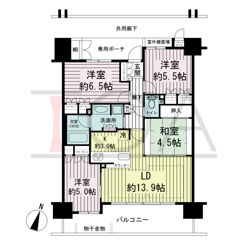 ランズ王子公園の間取り図 南向き 4LDK 専有面積76.32m2
バルコニー面積14.04m2
ポーチ面積5.10m2