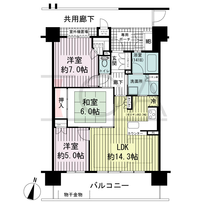 ランズ王子公園の間取り図 南向き 3LDK 専有面積70.19m2
バルコニー面積14.44m2
ポーチ面積4.15m2
