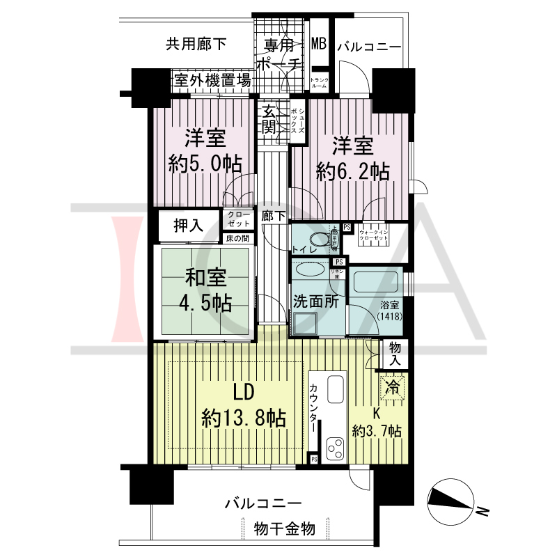 ランズ王子公園の間取り図 東向き角 3LDK 専有面積66.64m2
バルコニー面積15.07m2
ポーチ面積2.90m2