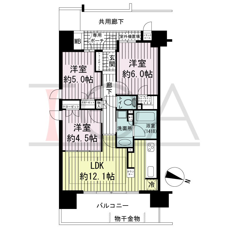 ランズ王子公園の間取り図 東向き角 3LDK 専有面積60.50m2
バルコニー面積12.16m2
ポーチ面積2.62m2