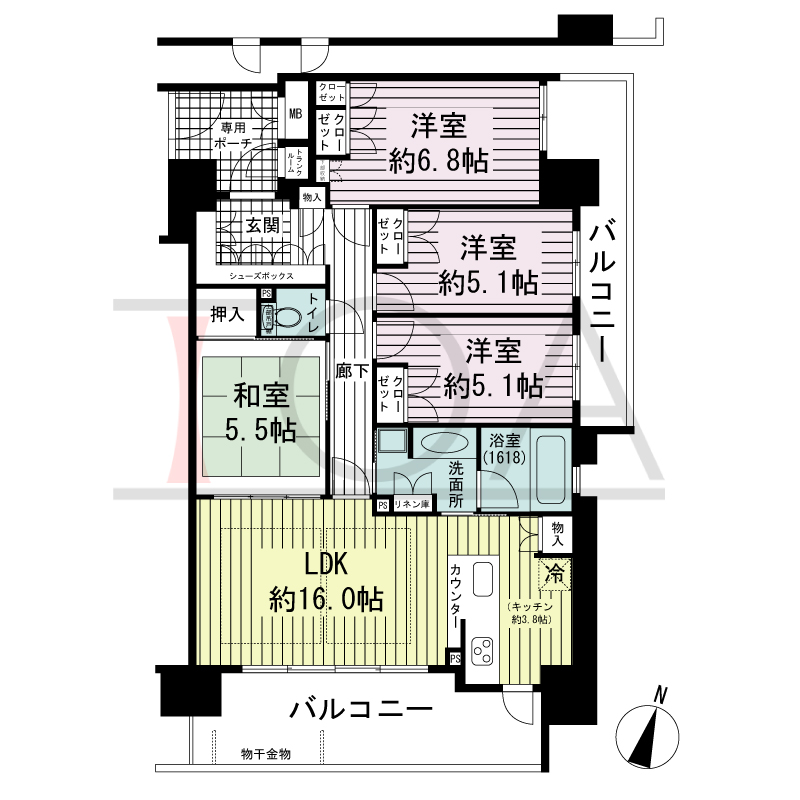 ランズ王子公園の間取り図 南向き角 4LDK 専有面積87.28m2
バルコニー面積21.73m2
ポーチ面積4.77m2