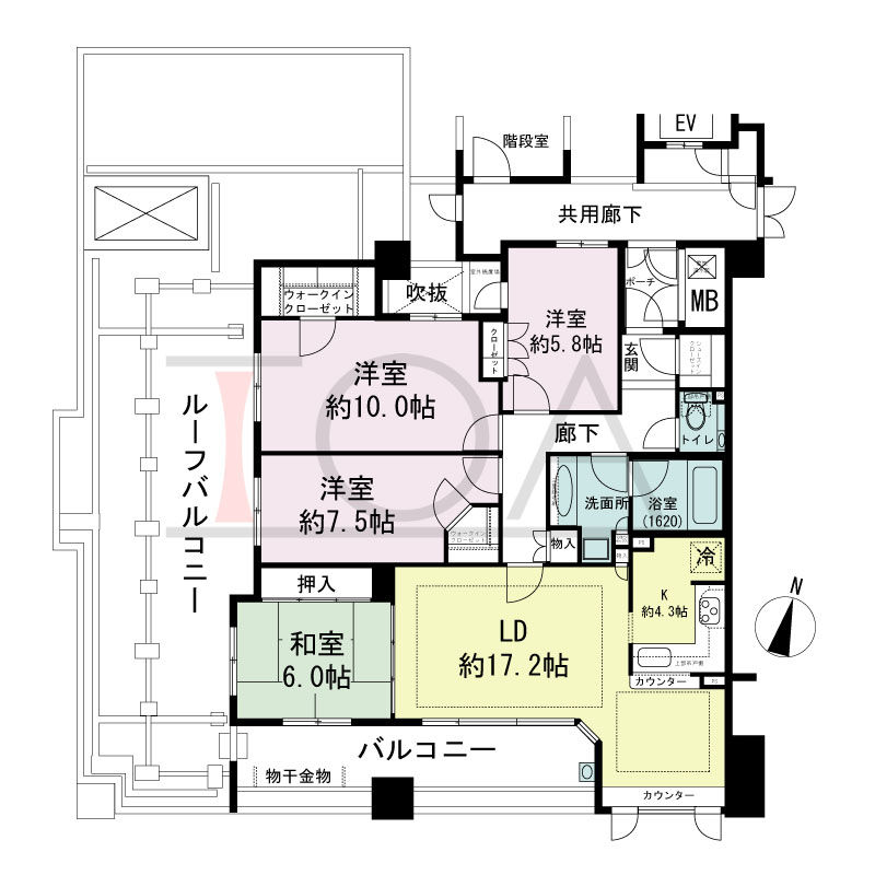 プラネスーペリア住吉本町の間取り図 西、南向き 4LDK 専有面積112.60m2
バルコニー面積16.27m2
ルーフバルコニー面積25.30m2
ポーチ面積2.80m2