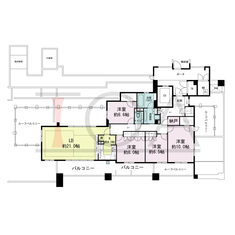 プラネスーペリア住吉本町の間取り図 4LDK 専有面積133.00m2
バルコニー面積32.61m2
ルーフバルコニー面積37.61m2
ポーチ面積15.68m2