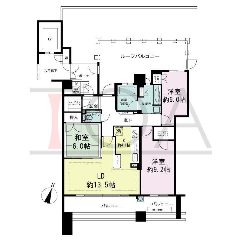 プラネスーペリア住吉本町の間取り図 南向き 3LDK 専有面積91.31m2
バルコニー面積19.40m2
ルーフバルコニー面積25.86m2
ポーチ面積5.41m2