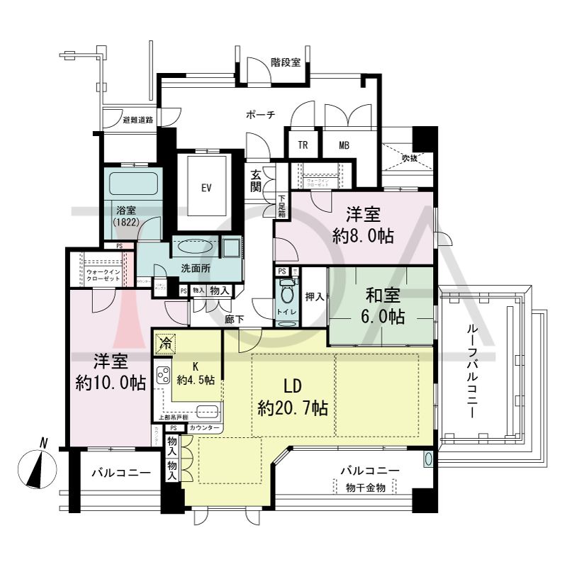 プラネスーペリア住吉本町の間取り図 南、東向き 3LDK 専有面積113.62m2
バルコニー面積25.72m2
ルーフバルコニー面積13.01m2
ポーチ面積13.42m2