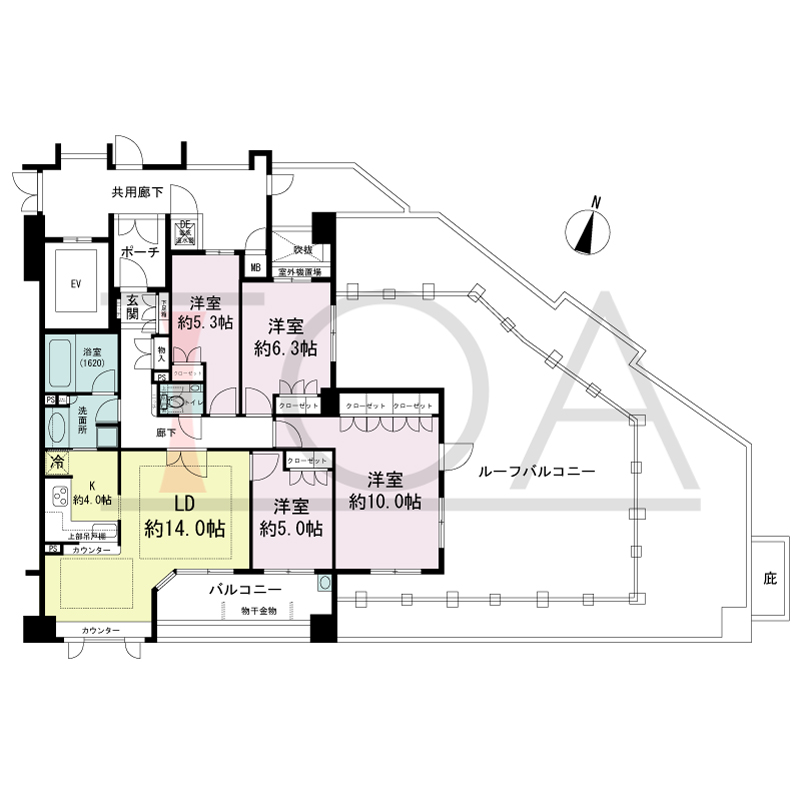 プラネスーペリア住吉本町の間取り図 南東、東向き 4LDK 専有面積97.33m2
バルコニー面積10.62m2
ルーフバルコニー面積57.64m2
ポーチ面積3.65m2