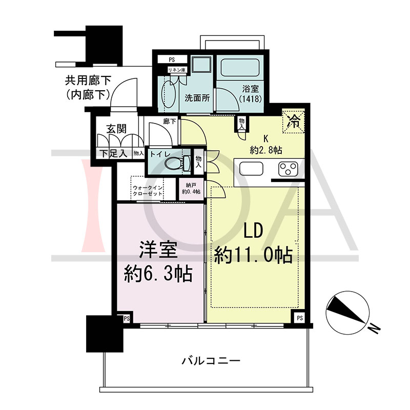 ベイシティタワーズ神戸WEST(ベイシティタワーズ神戸ウエスト)の間取り図 北東向き 1LDK+N+WIC 専有面積47.83m2