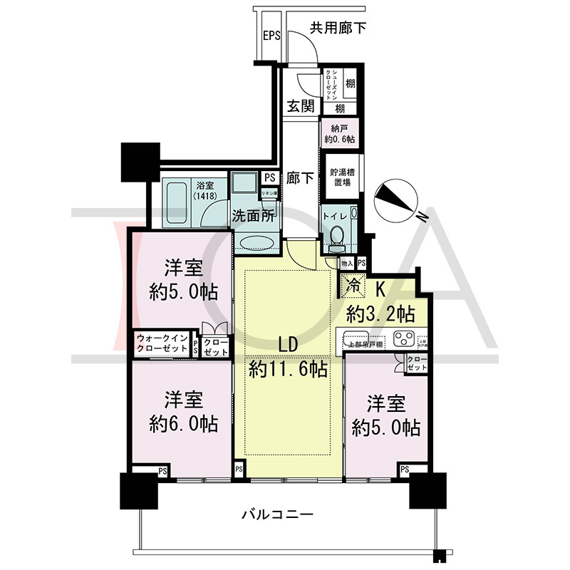 ベイシティタワーズ神戸WEST(ベイシティタワーズ神戸ウエスト)の間取り図 北東向き 3LDK+N+WIC+SIC 専有面積70.34m2