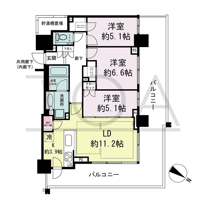 ベイシティタワーズ神戸WEST(ベイシティタワーズ神戸ウエスト)の間取り図 北東向き角 3LDK+N+2WIC 専有面積73.19m2