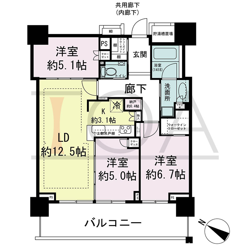 ベイシティタワーズ神戸WEST(ベイシティタワーズ神戸ウエスト)の間取り図 南西向き 3LDK+N+WIC+SIC 専有面積74.36m2