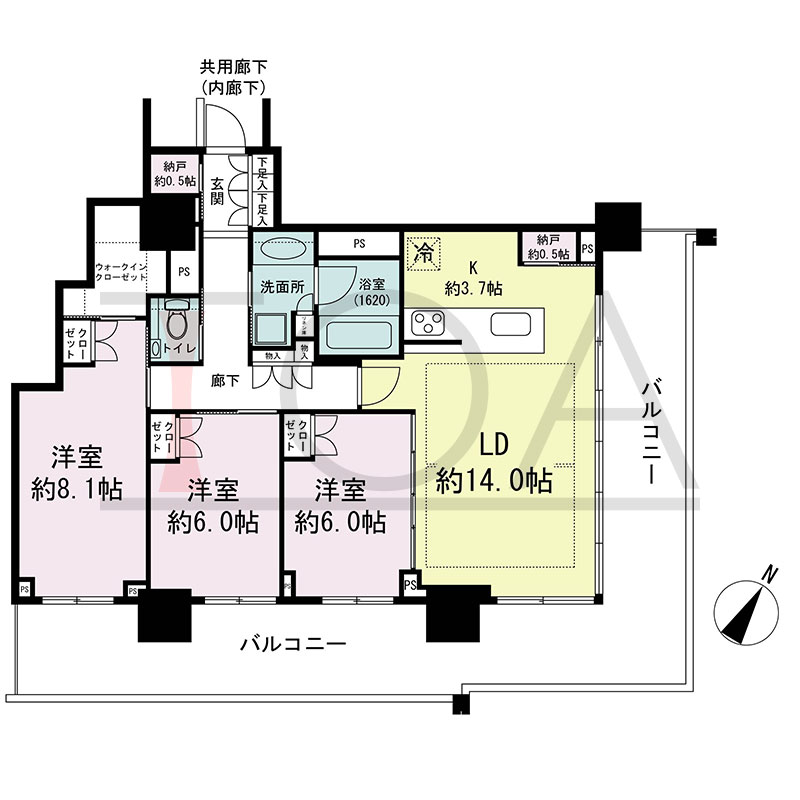 ベイシティタワーズ神戸WEST(ベイシティタワーズ神戸ウエスト)の間取り図 南東角部屋 3LDK+2N+WIC 専有面積89.89m2
