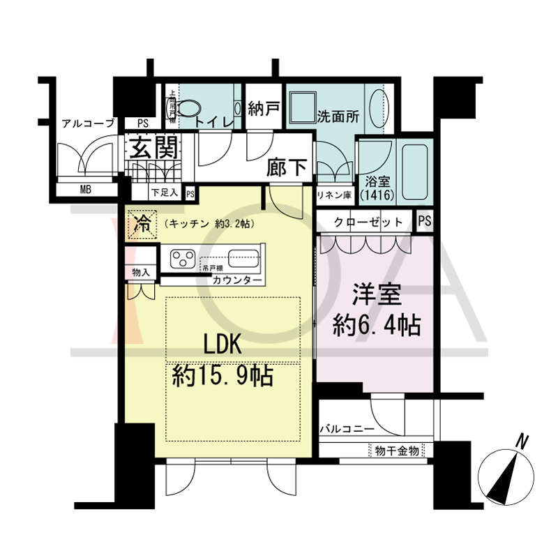 グランドメゾン神戸北野坂の間取り図 南向き 1LDK+N
専有面積56.65m2
バルコニー面積4.05m2
アルコーブ面積3.60m2
