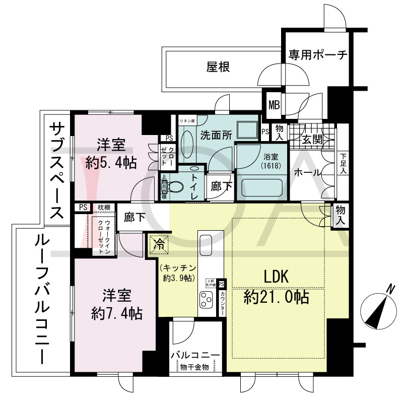 グランドメゾン神戸北野坂の間取り図 南向き 1LDK+WIC+SC
専有面積54.12m2
バルコニー面積7.14m2
アルコーブ面積1.08m2