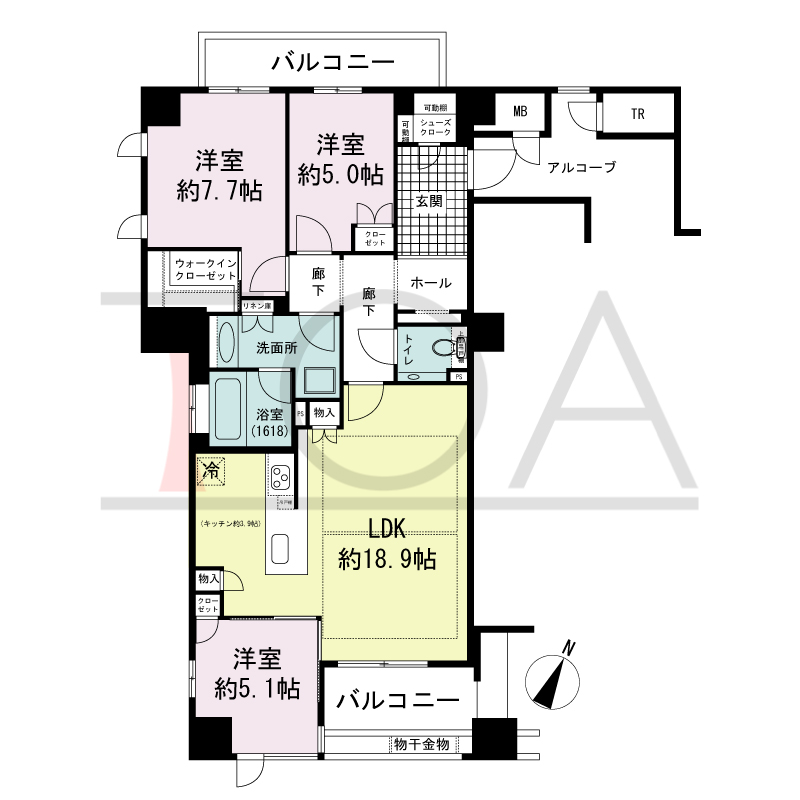 グランドメゾン神戸北野坂の間取り図 南向き角 3LDK+WIC+SC+TR
専有面積92.51m2
バルコニー面積13.46m2
アルコーブ面積8.05m2
