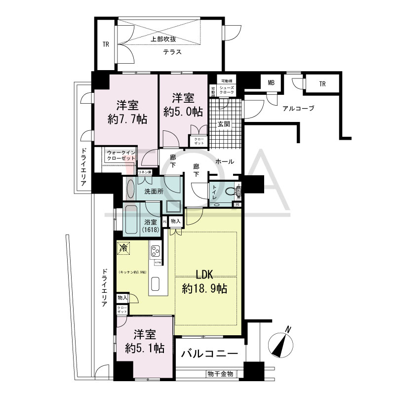 グランドメゾン神戸北野坂の間取り図 南向き角 3LDK+WIC+SC+TR
専有面積94.76m2
バルコニー面積7.10m2
テラス面積12.97m2
アルコーブ面積8.05m2