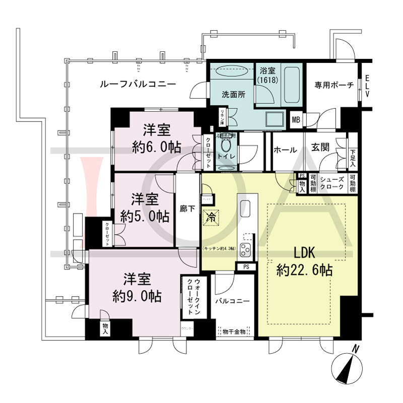 グランドメゾン神戸北野坂の間取り図 南向き角 3LDK+WIC+SC
専有面積104.01m2
バルコニー面積5.32m2
ルーフバルコニー面積22.54m2
専用ポーチ面積6.78m2