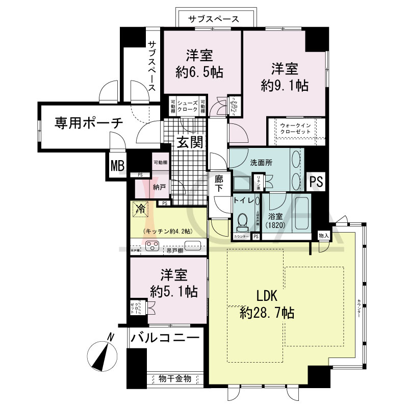 グランドメゾン神戸北野坂の間取り図 南向き角 3LDK+N+WIC+SC
専有面積116.19m2
バルコニー面積7.62m2
サブスペース面積7.77m2
専用ポーチ面積10.10m2