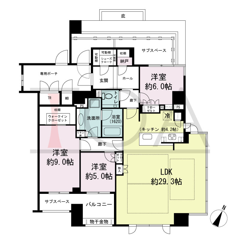 グランドメゾン神戸北野坂の間取り図 南向き角 3LDK+N+WIC+SC+TR
専有面積116.69m2
バルコニー面積5.52m2
サブスペース面積10.59m2
専用ポーチ面積10.10m2