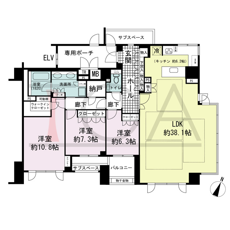 グランドメゾン神戸北野坂の間取り図 南向き角 3LDK+N+WIC+TR
専有面積146.60m2
バルコニー面積5.52m2
サブスペース面積9.43m2
専用ポーチ面積10.40m2