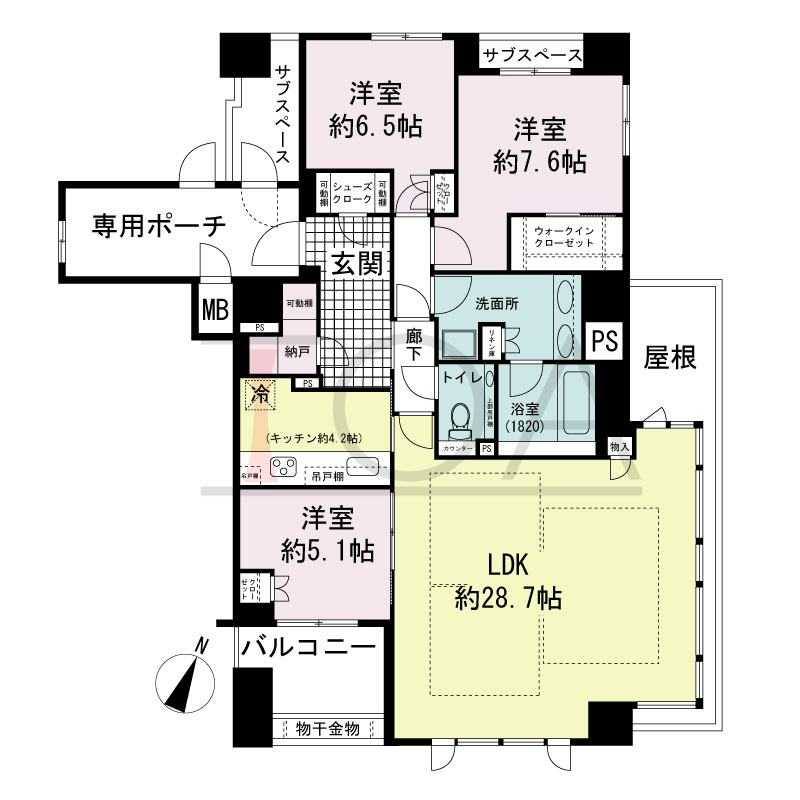 グランドメゾン神戸北野坂の間取り図 南向き角 3LDK+WIC+SC
専有面積114.02m2
バルコニー面積7.62m2
サブスペース面積6.71m2
専用ポーチ面積10.10m2