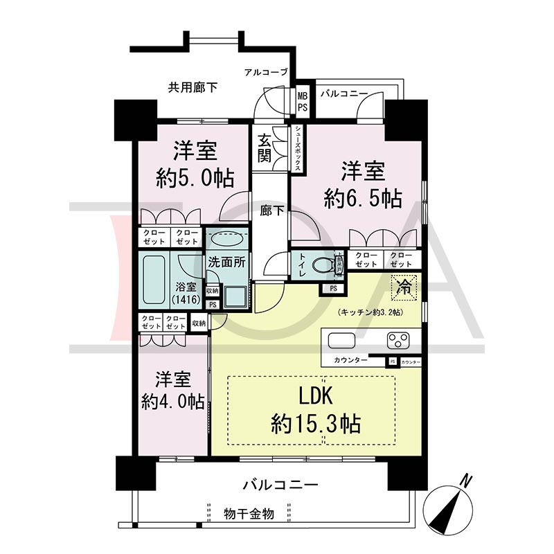 ワコーレ神戸北野坂LABELの間取り図 南向き角 3LDK
専有面積65.12m2
バルコニー面積17.28m2
アルコーブ面積3.74m2
MB・PS面積0.45m2