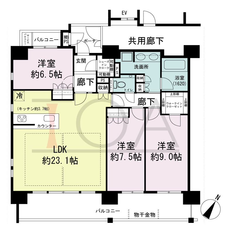 ワコーレ神戸北野坂LABELの間取り図 南向き角 3LDK
専有面積100.98m2
バルコニー面積20.36m2
サービスバルコニー面0.58m2
ポーチ面積3.68m2