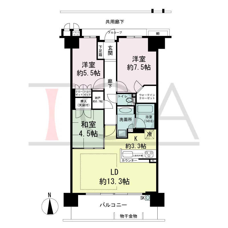 ジェイグラン・エル神戸兵庫の間取り図 南向き
3LDK
専有面積75.69m2
バルコニー面積12.90m2