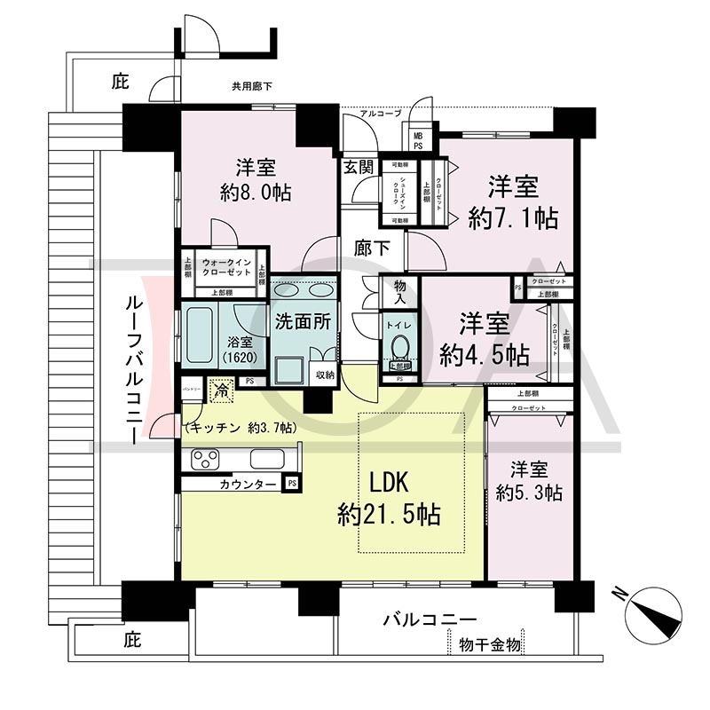 ワコーレシティ兵庫駅前通の間取り図 南西向き 4LDK
専有面積101.46m2
バルコニー面積15.55m2
ルーフバルコニー面積17.09m2
