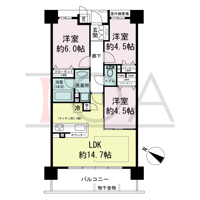 ワコーレシティ兵庫駅前通の間取り図 南西向き
3LDK
専有面積63.71m2
テラス面積26.38m2