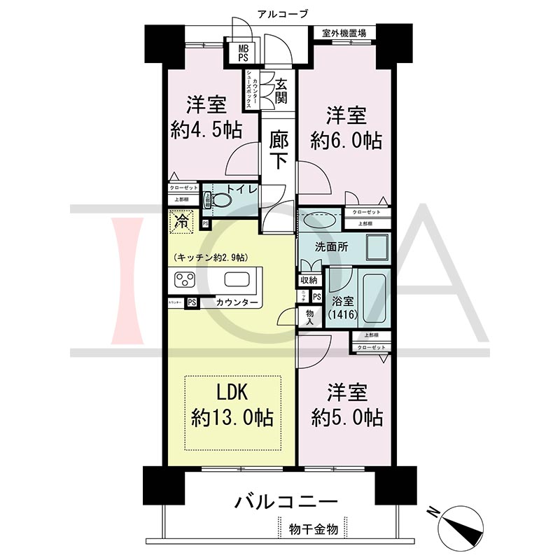 ワコーレシティ兵庫駅前通の間取り図 南西向き
3LDK
専有面積61.03m2
テラス面積25.26m2